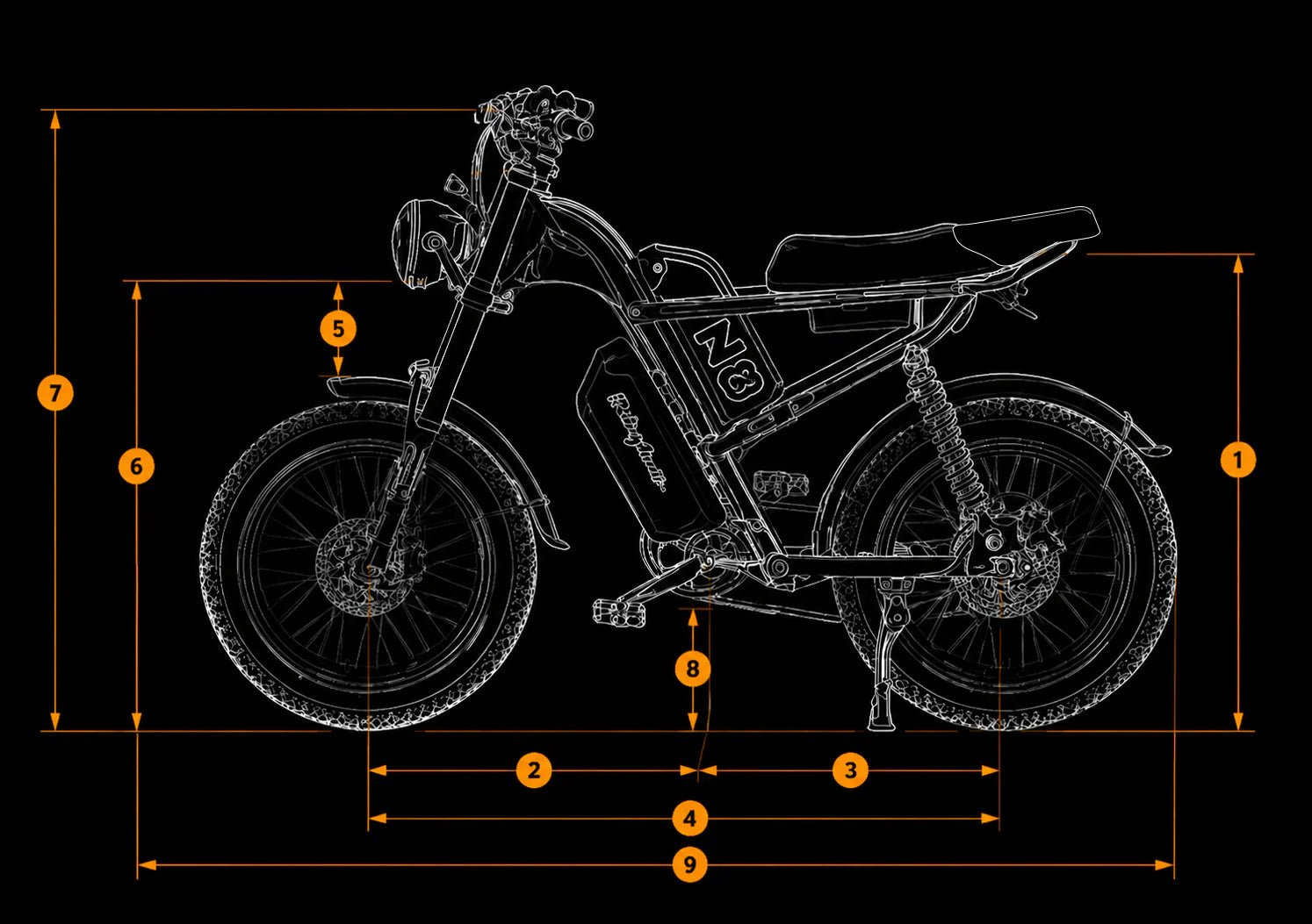 Geometry diagram of the Riding’times Z8 Pro electric bike with numbered dimensions