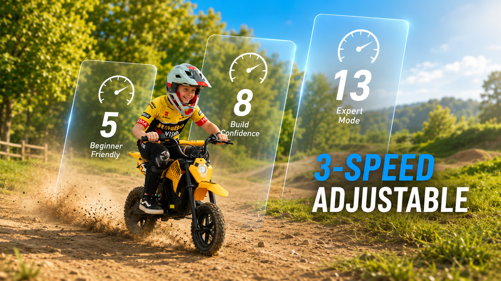 Child in a helmet riding a yellow Hiboy DK2 kids electric dirt bike on a dirt track with 5, 8 and 13 mph speed cards