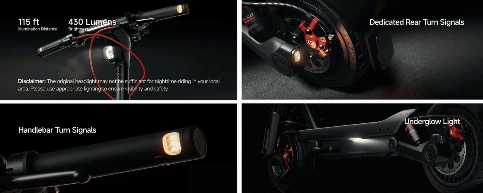 Segway Max G3 Plus electric scooter lighting: 430 lumen headlight, handlebar and dedicated rear turn signals, underglow