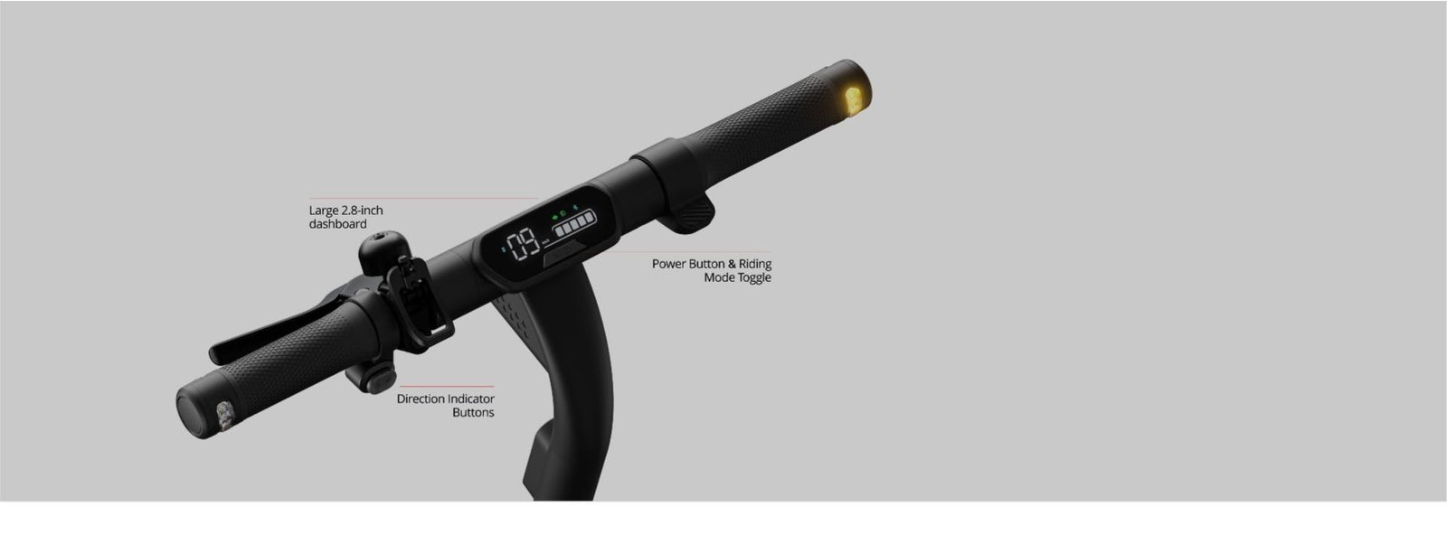 Handlebar of the Segway Ninebot E2 Pro electric scooter with 2.8 inch dashboard and indicator buttons