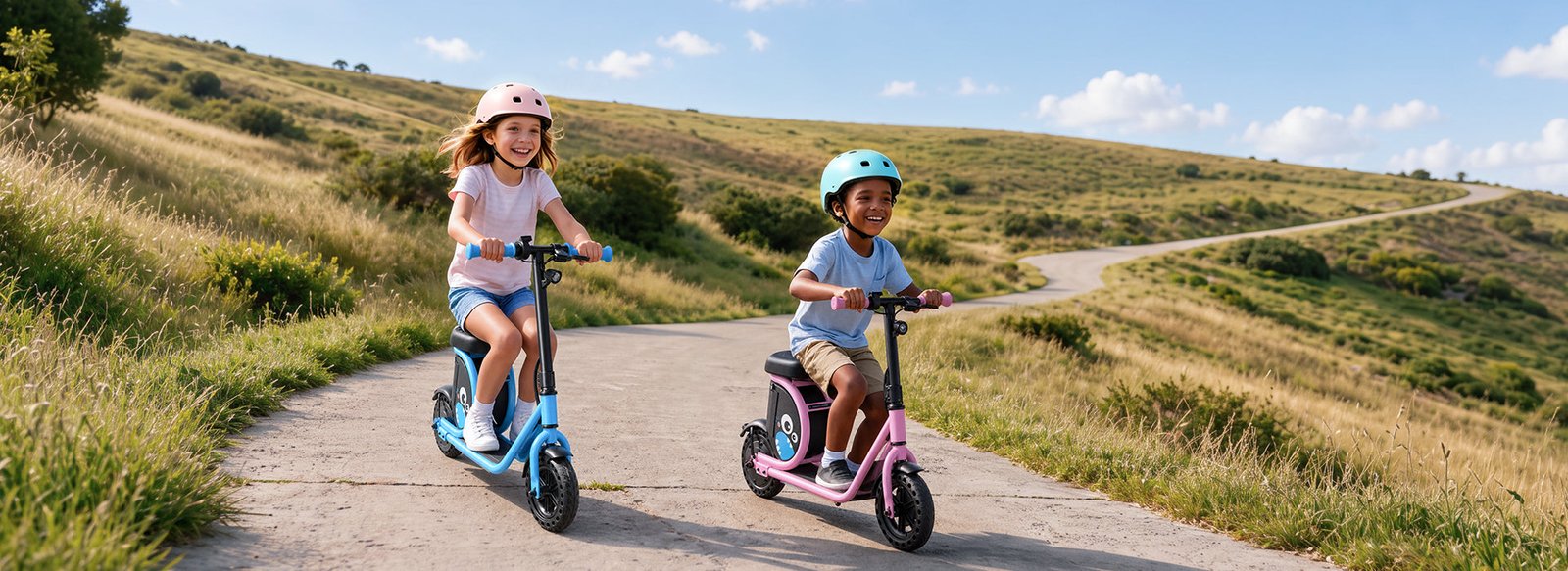 Two children in helmets riding blue and pink Hiboy Joy Haul kids electric scooters along a hillside path