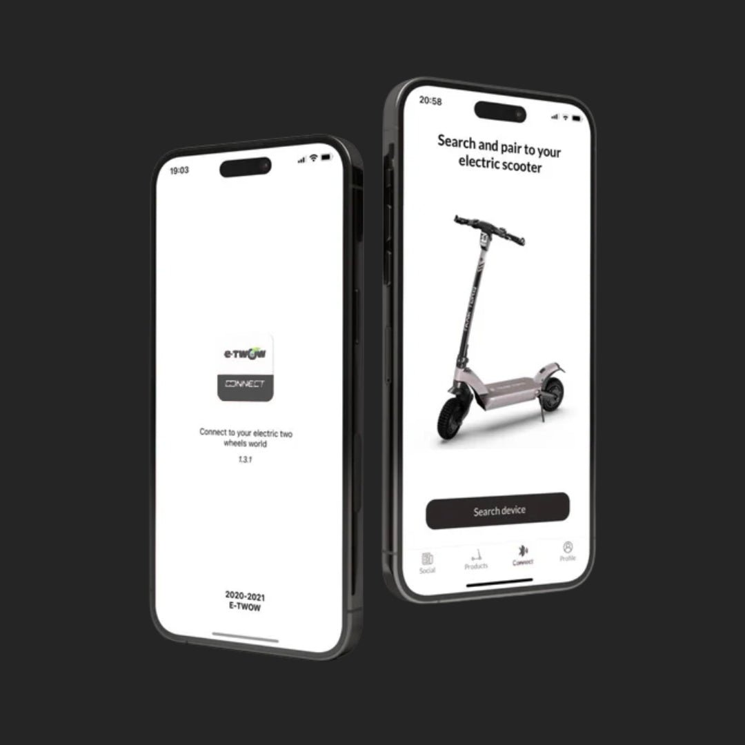 E-TWOW app on a phone next to the GT Sport electric scooter