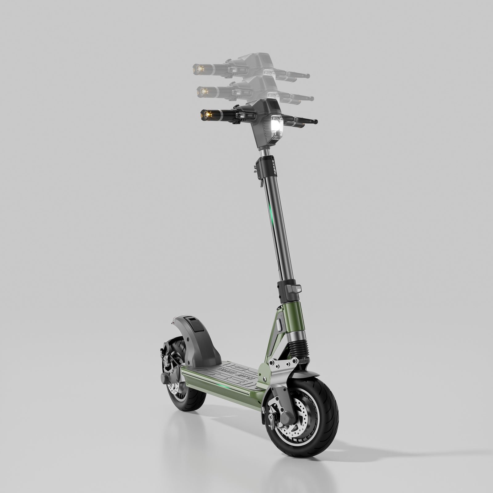 E-TWOW TankTorq TK2 Lite electric scooter with headlight and ambient lights on at dusk