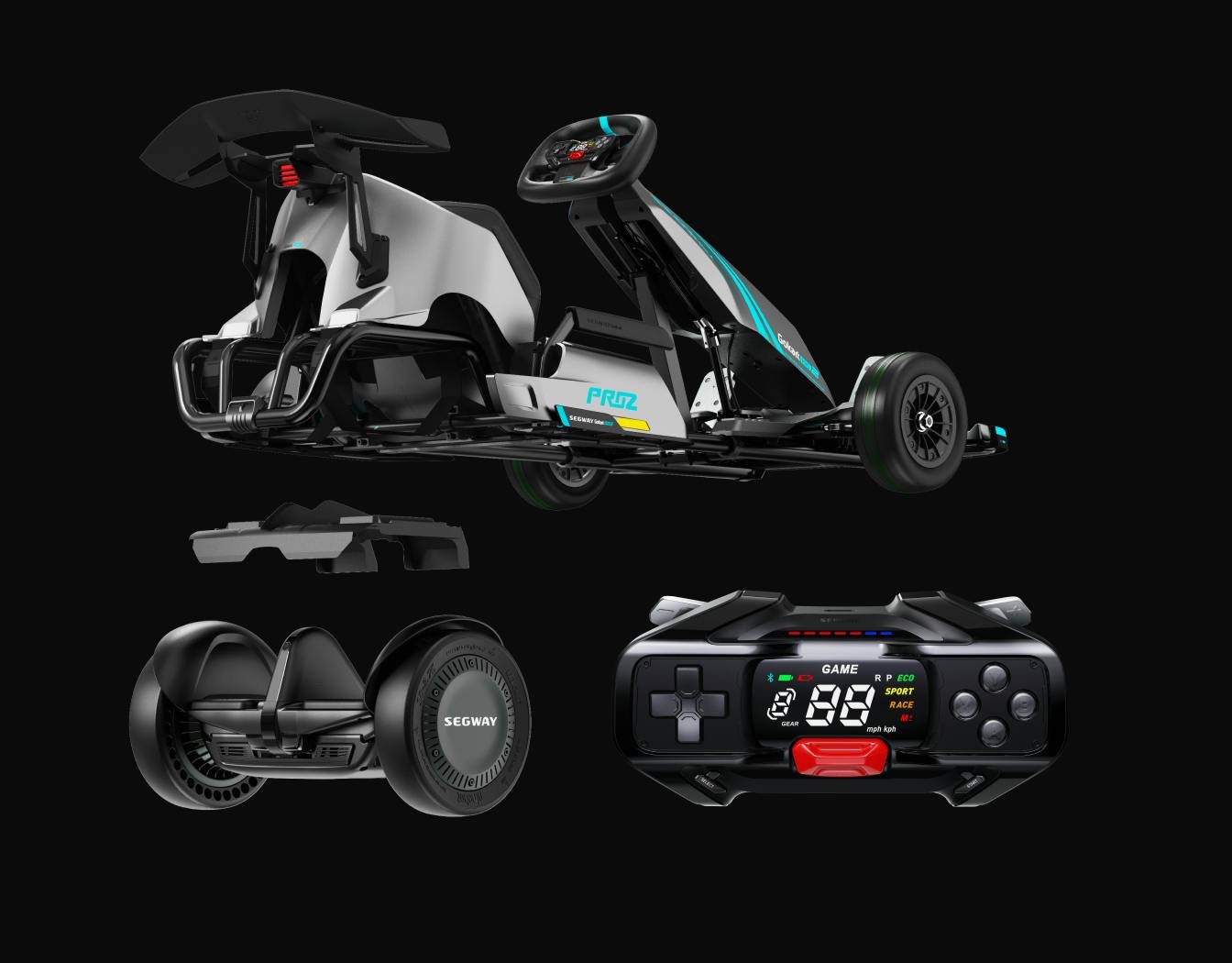 Segway GoKart Pro 2 shown as a go-kart, a Ninebot S Max and a game controller