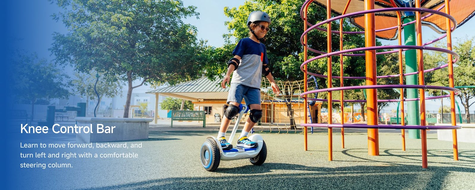 Child steering the Segway Ninebot S2 Kids with the knee control bar at a playground