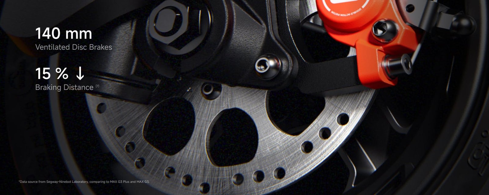 140 mm ventilated disc brake on the Segway Max G3 Plus electric scooter