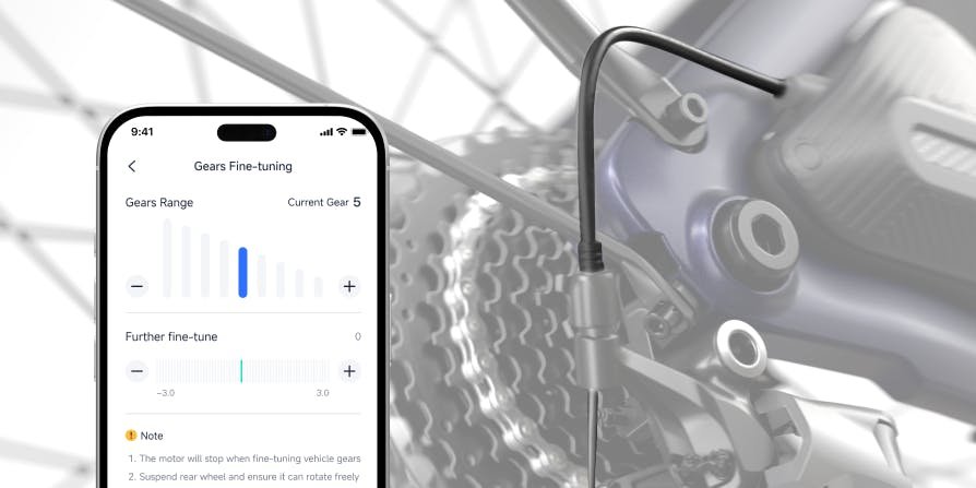 Segway Mobility App gear fine-tuning screen beside the Myon electric bike derailleur