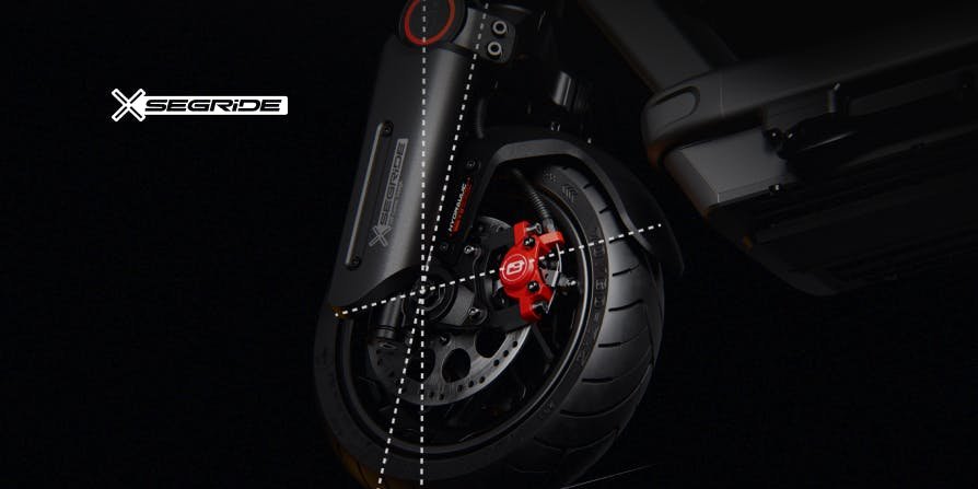 Front wheel geometry of the Segway Max G3 Plus electric scooter with the SegRide badge