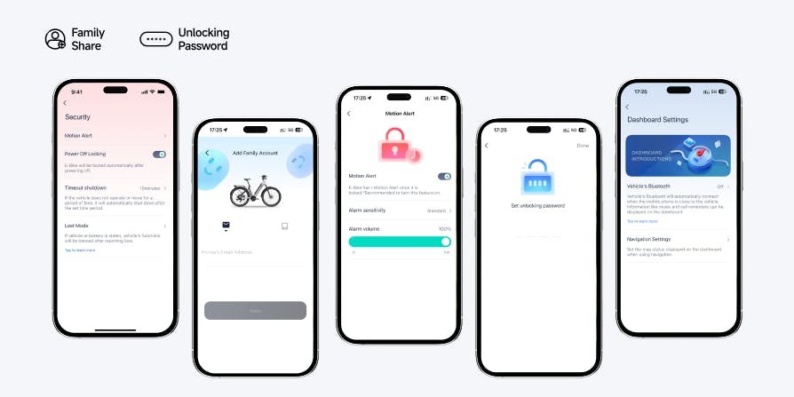 Segway Mobility App screens for family sharing, unlocking password and security