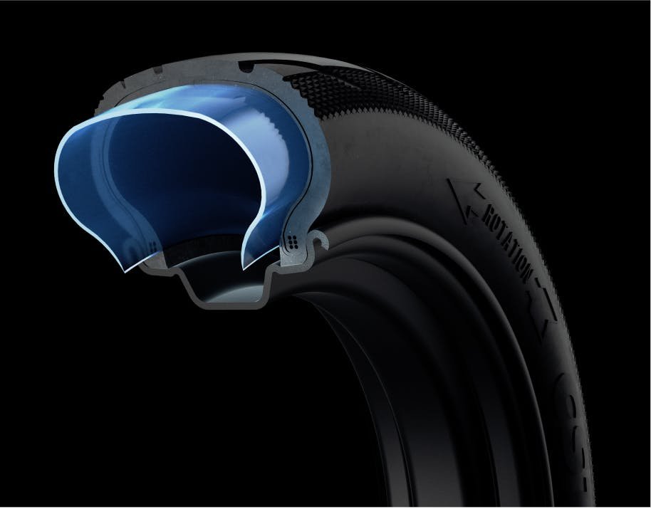 Cross-section of the puncture-proof tubeless tire on the Segway Ninebot E2 Pro electric scooter