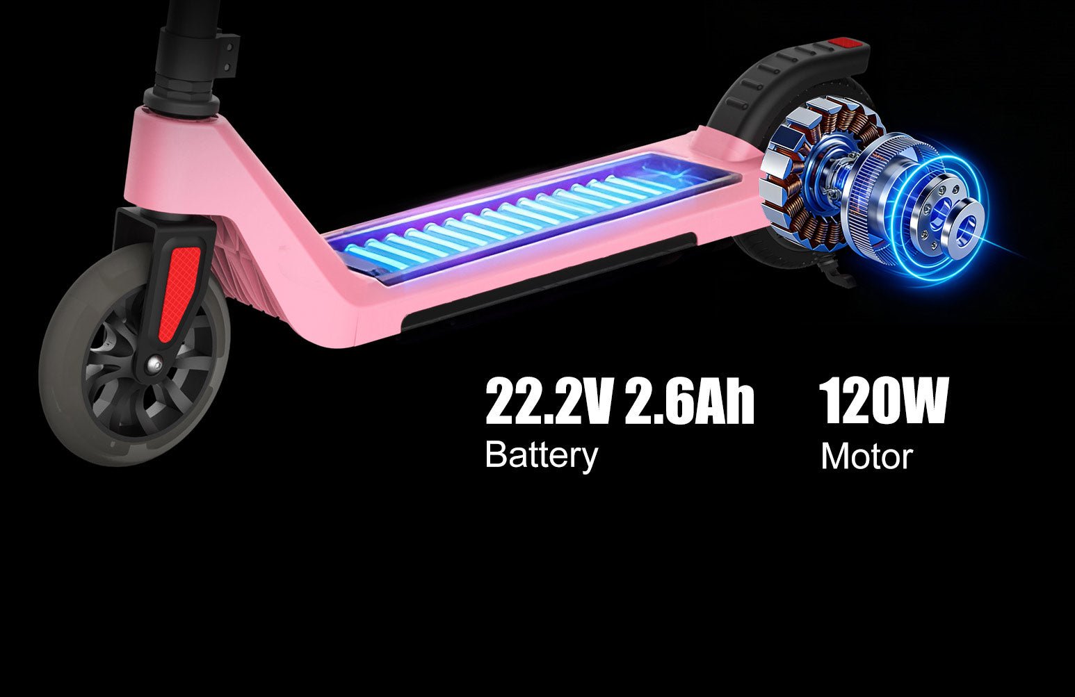 Nanrobot K1 in Pink with its battery glowing and 120W motor cutaway