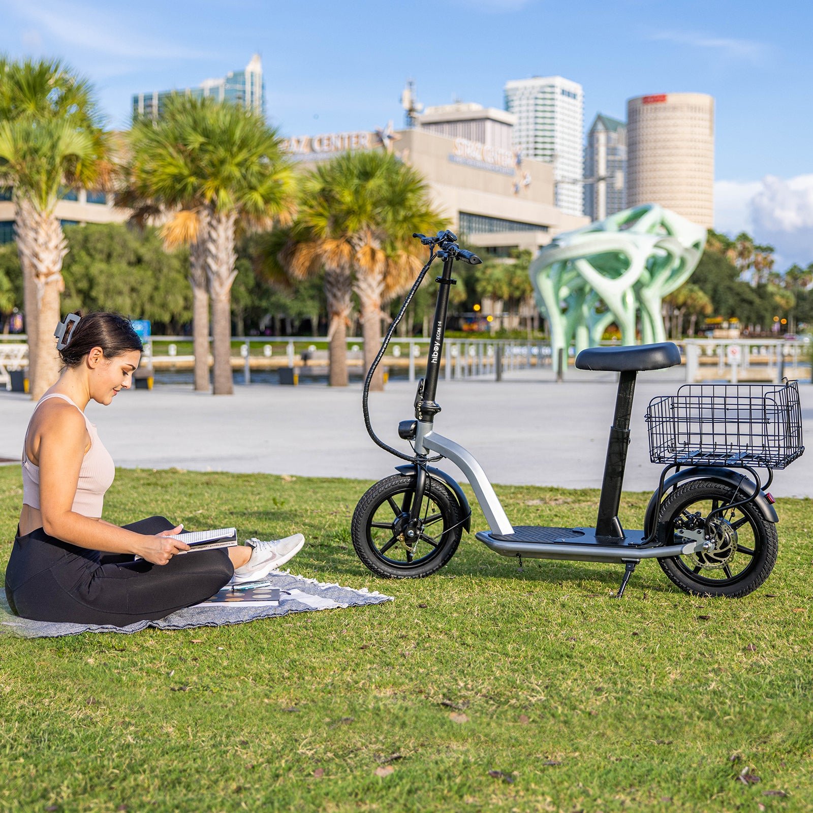 Hiboy ECOM 14 electric scooter with seat and basket parked on grass in a waterfront park
