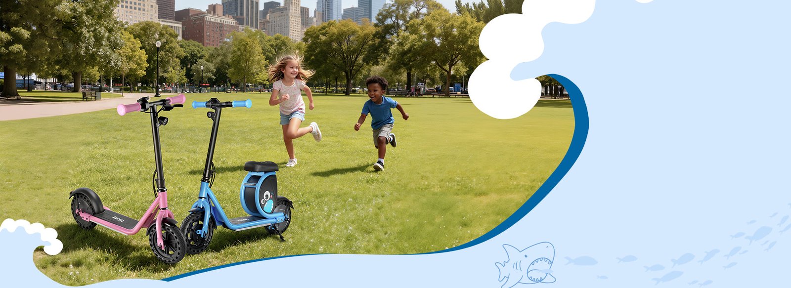 Two children running across a park lawn towards pink and blue Hiboy Joy Haul kids electric scooters