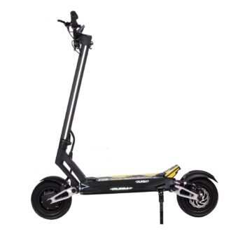 Punk Rebel electric scooter side elevation in black with yellow deck graphics