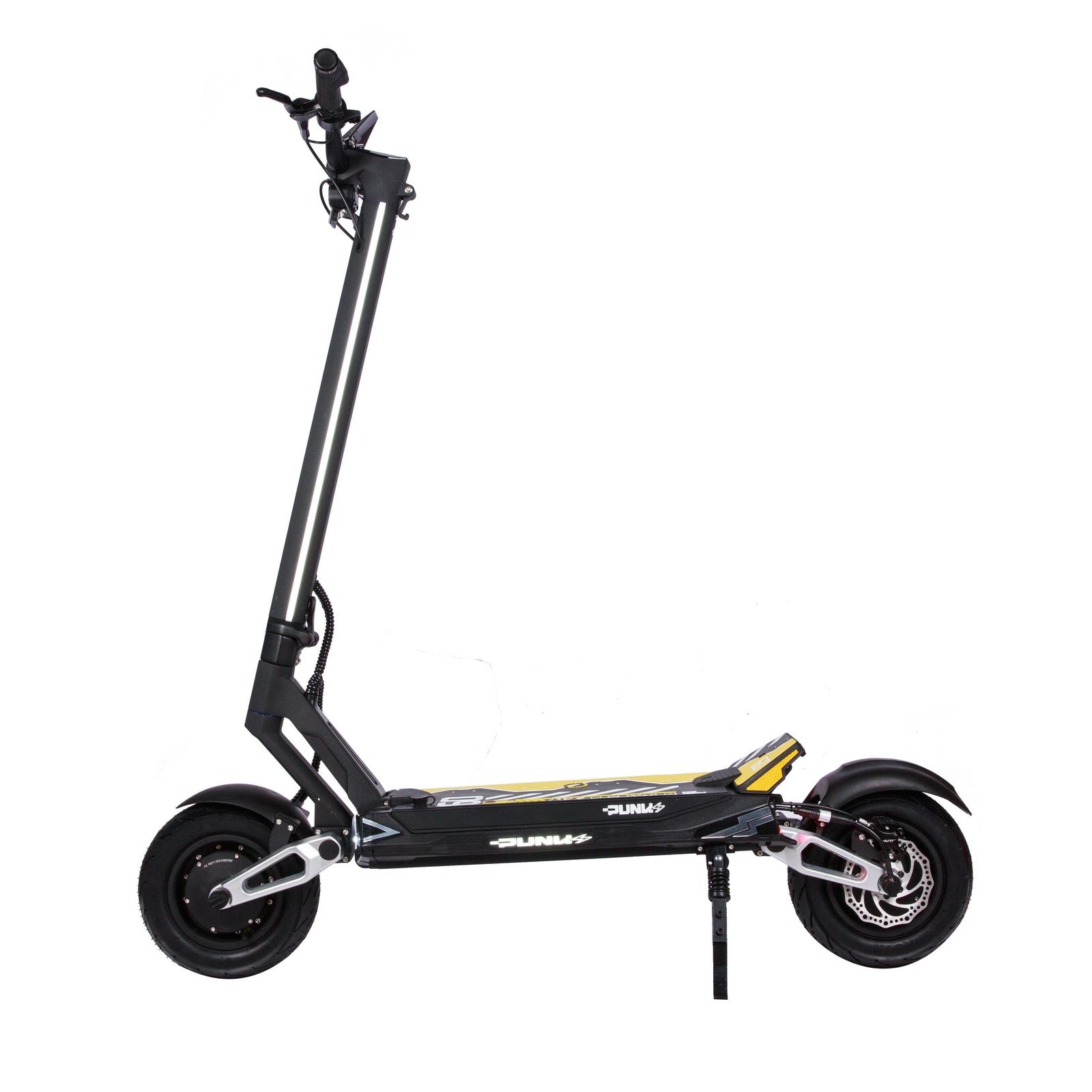 Punk Rebel electric scooter side elevation in black with yellow deck graphics