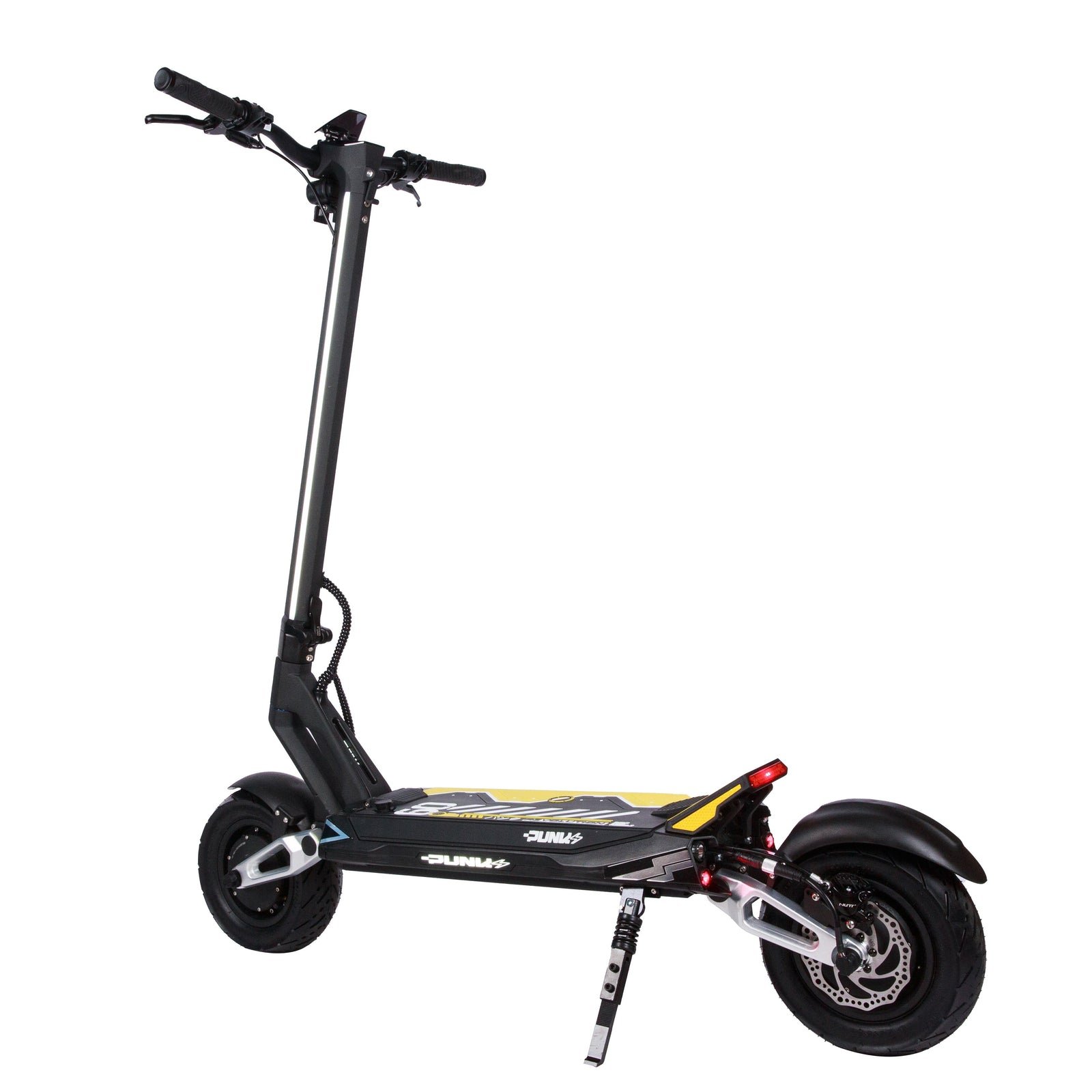 Punk Rebel electric scooter rear three-quarter studio view showing both driven wheels