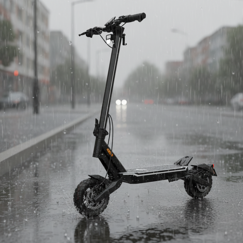 Punk Roamer electric scooter standing on a wet city street in heavy rain