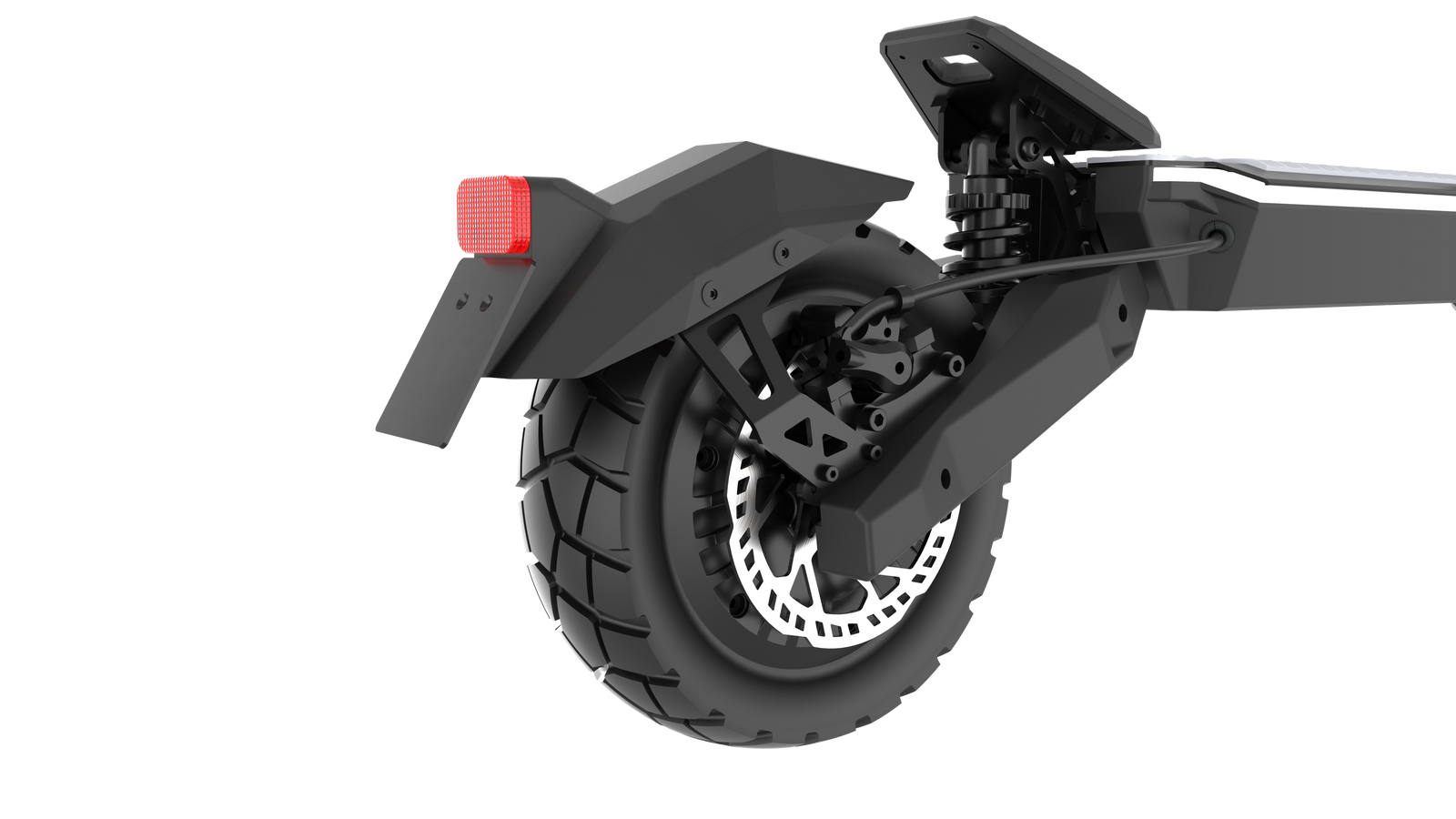 Rear wheel, coil suspension and disc brake on the Punk Roamer electric scooter