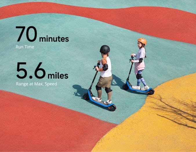 Two kids riding Segway Ninebot C2 Lite scooters on a colourful court with 70 minutes and 5.6 miles callouts