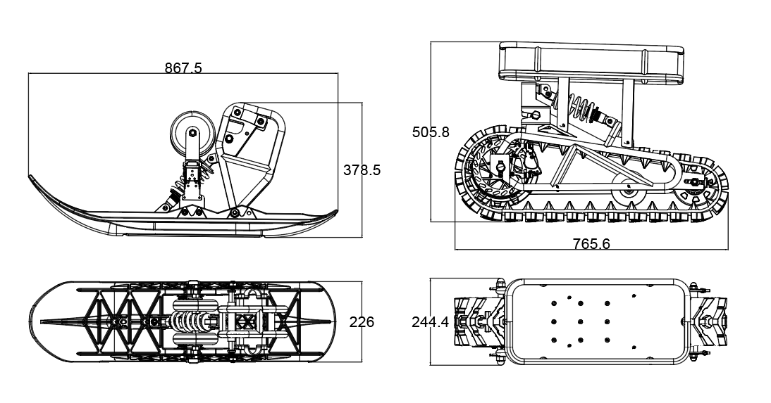 Dimension drawing of the Riding’times snow track kit sled and track modules in millimetres