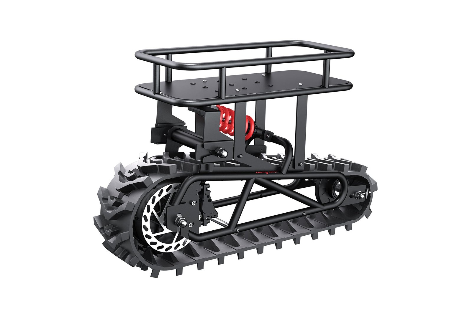 Rear track module of the Riding’times snow track kit with cargo rack, coil shock and disc rotor