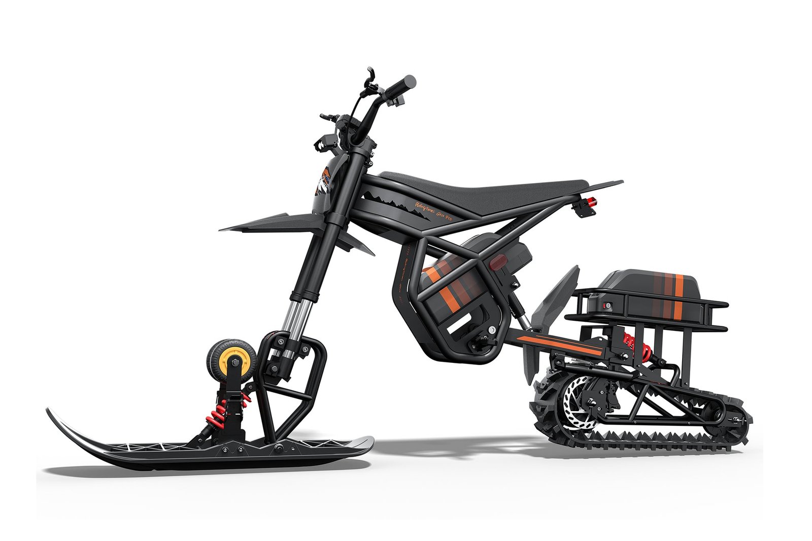 Riding’times GT electric motorbike in orange trim with the front sled and rear track fitted