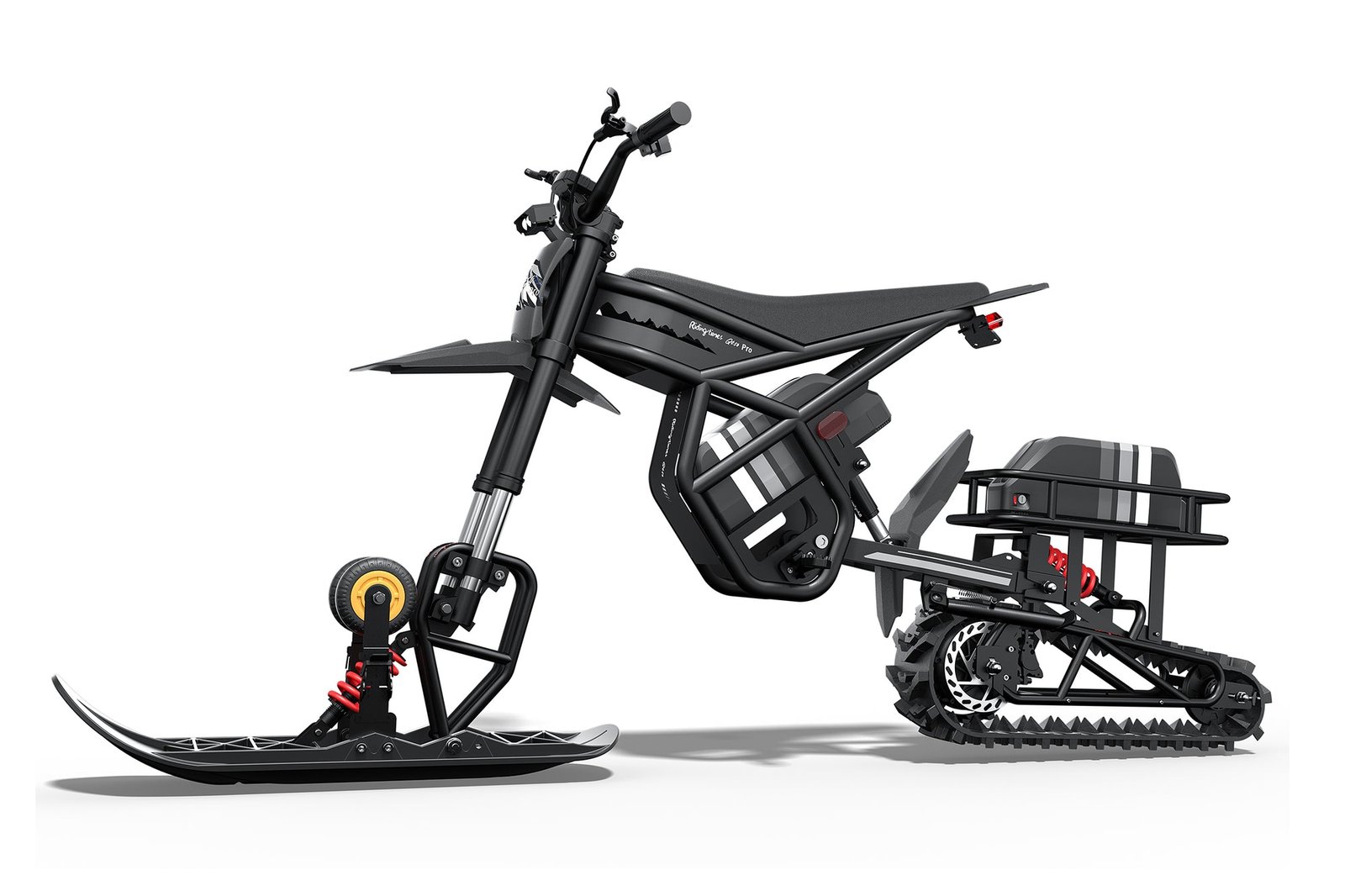 Riding’times GT electric motorbike in grey trim with the front sled and rear track fitted