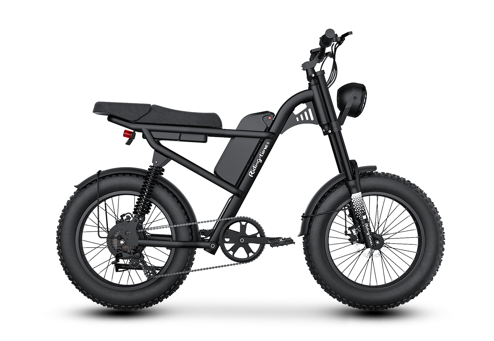 Riding’times Z8 Pro electric bike studio side view in black with dual batteries and rear rack