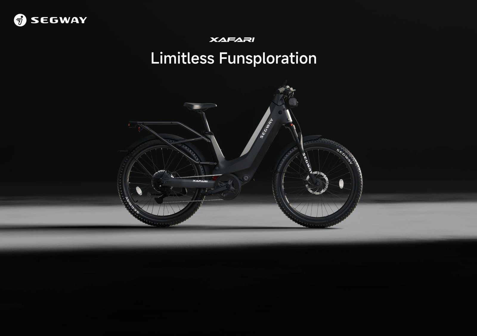 Segway Xafari electric bike in a dark studio with the words Limitless Funsploration