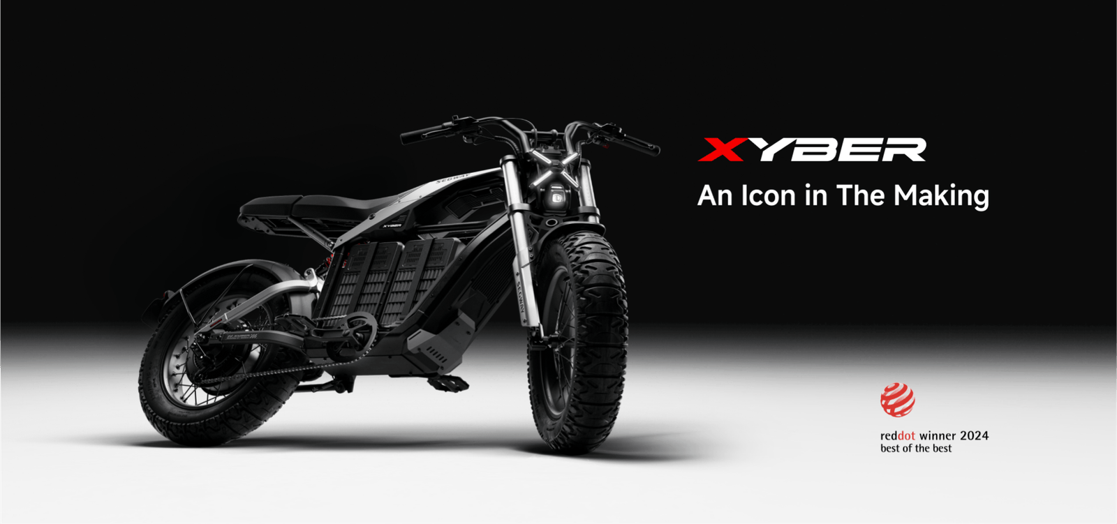 Segway Xyber electric bike in a dark studio with the words An Icon in the Making