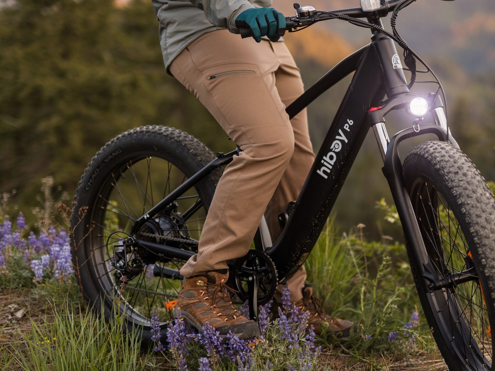 Close-up of the Hiboy P6 fat tire electric bike frame, headlight and fork among wildflowers