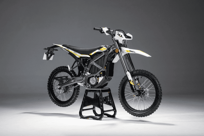 Surron Ultra Bee electric dirt bike Forest Green, front quarter view
