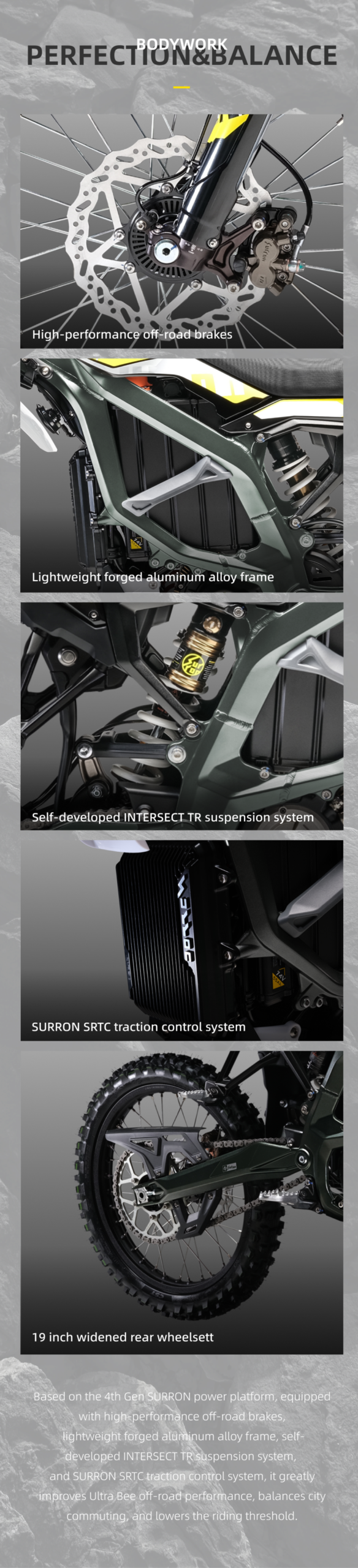 Surron Ultra Bee electric dirt bike bodywork details: brakes, frame, suspension, controller and rear wheel