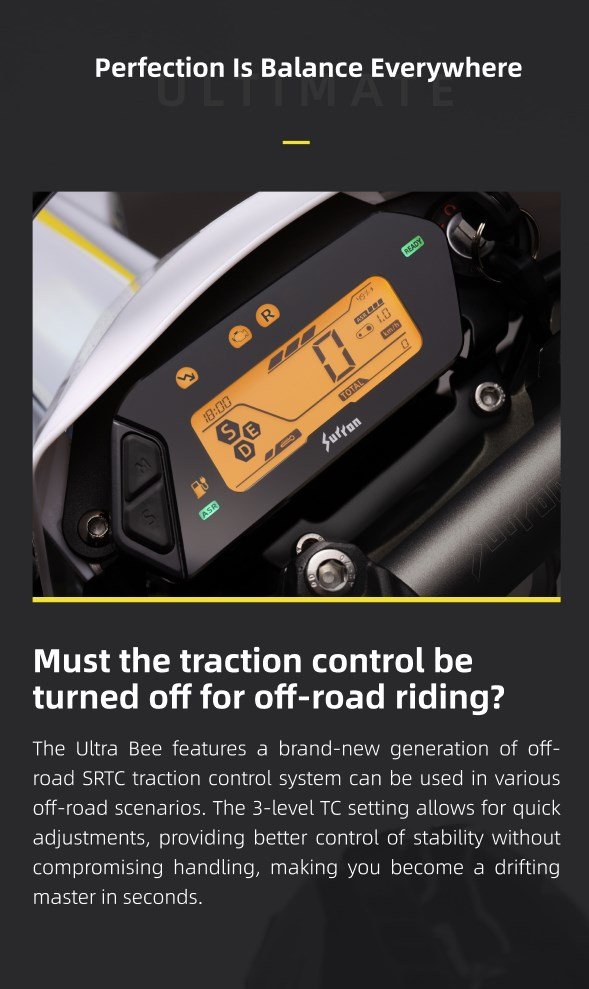 Surron Ultra Bee electric dirt bike LCD dash showing the traction control setting