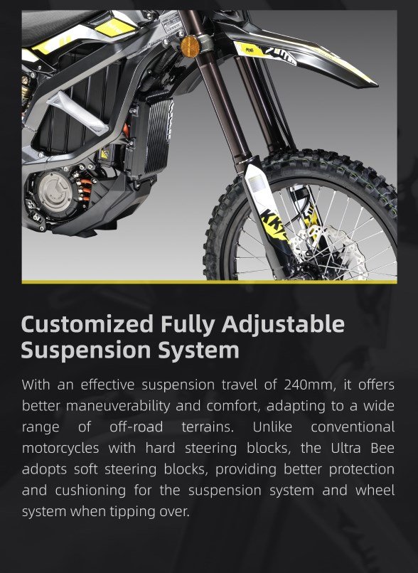 Surron Ultra Bee electric dirt bike front fork and front wheel