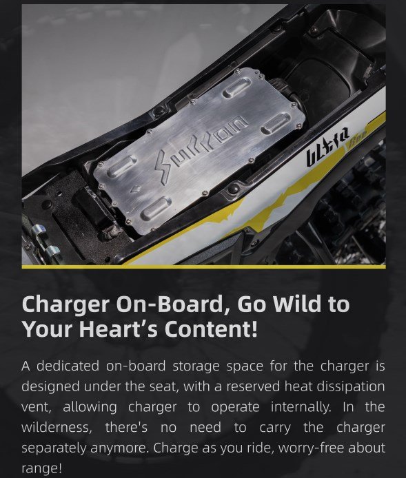 Surron Ultra Bee electric dirt bike under-seat charger compartment