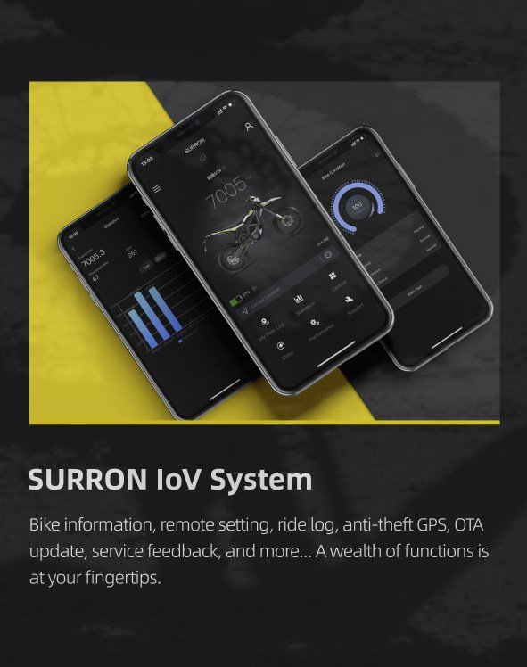 Surron app screens for the Ultra Bee electric dirt bike