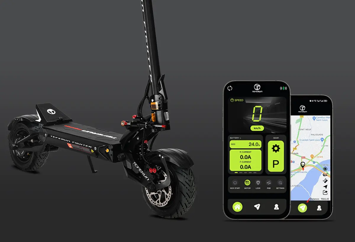Teverun Fighter Eleven+ electric scooter beside the Teverun app and GPS map on two phones