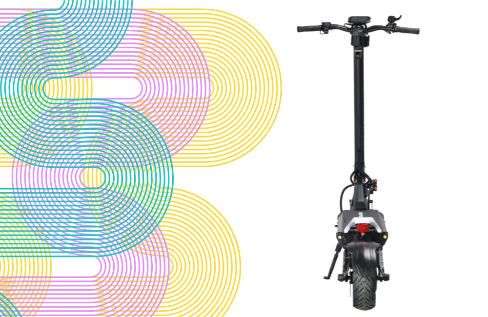 Rear view of the Teverun Fighter Eleven+ electric scooter beside coloured line art
