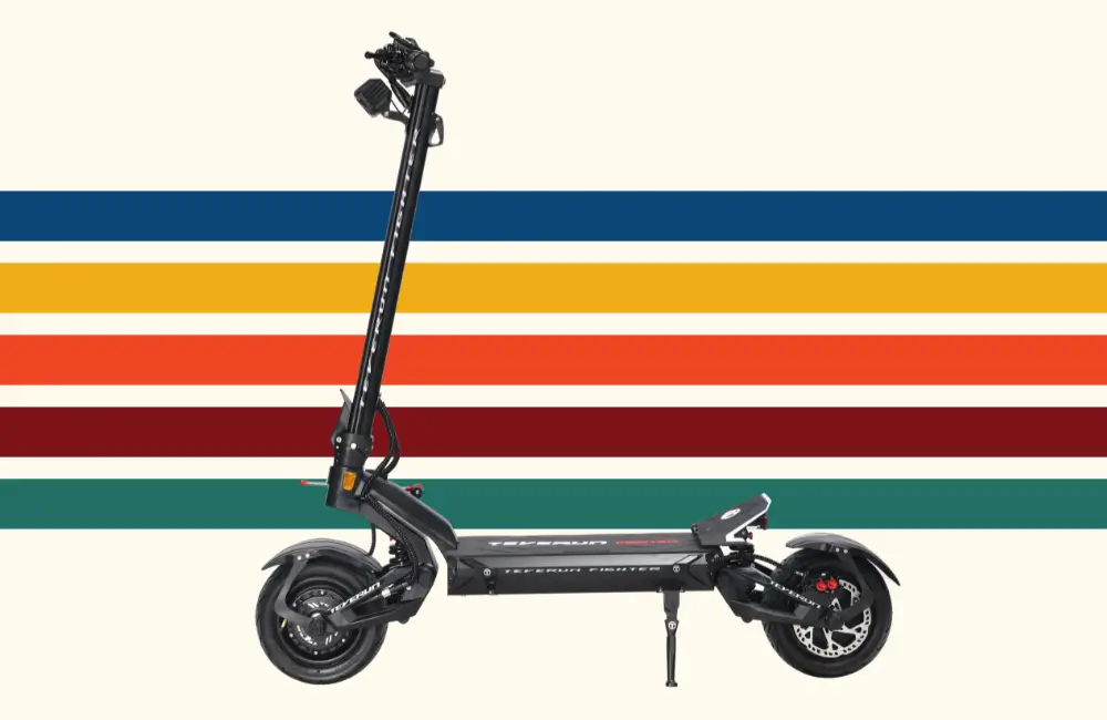 Teverun Fighter Eleven+ electric scooter side view against coloured stripes