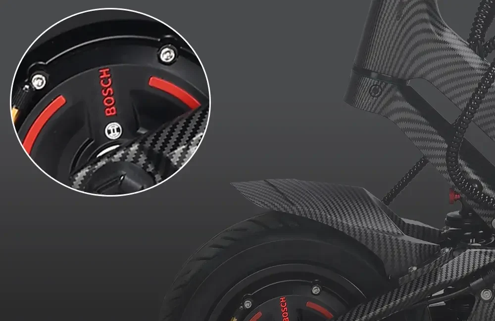 Bosch hub motor with carbon fibre fender on the Teverun Fighter Mini Pro electric scooter