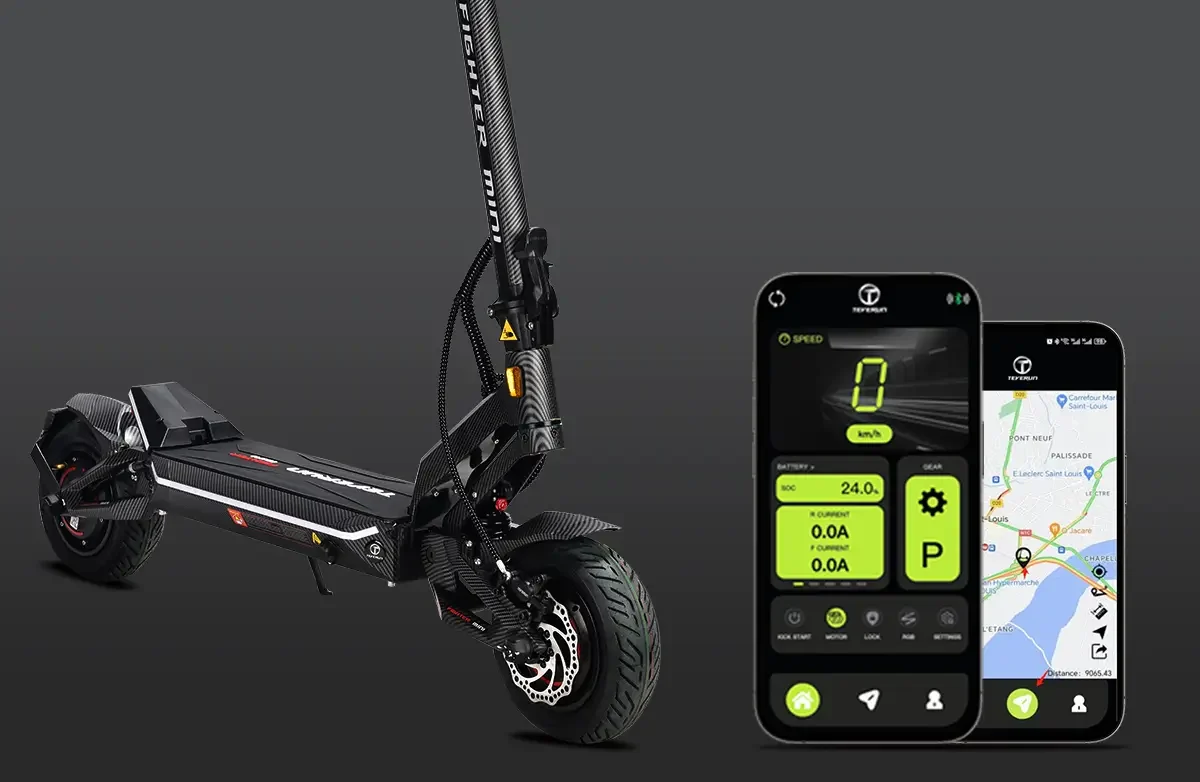 Teverun Fighter Mini Pro electric scooter beside the Teverun app and GPS map on two phones