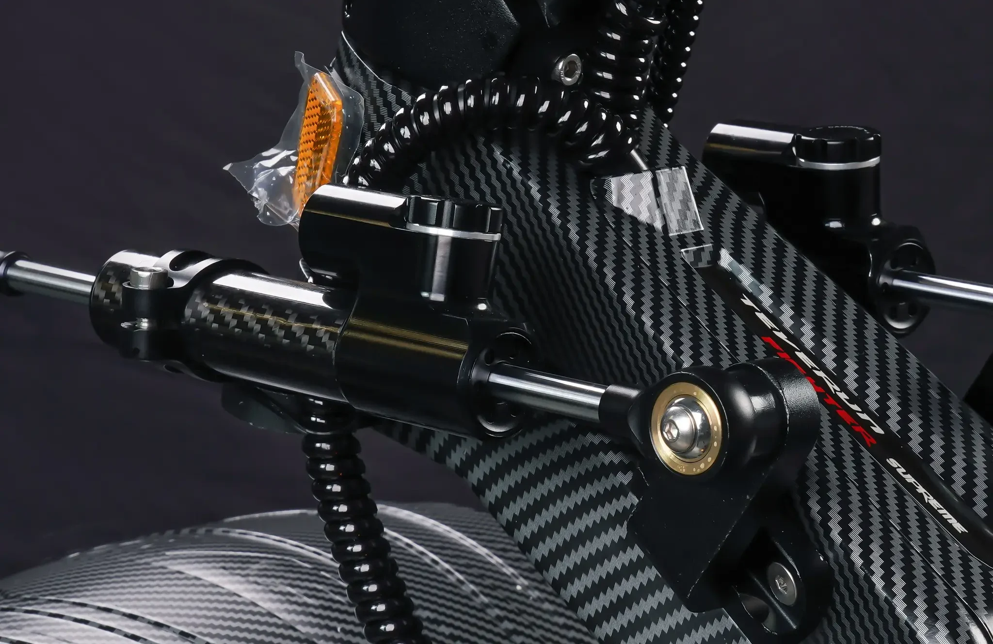 Dual steering dampers on the headstock of the Teverun Fighter Supreme 7260R