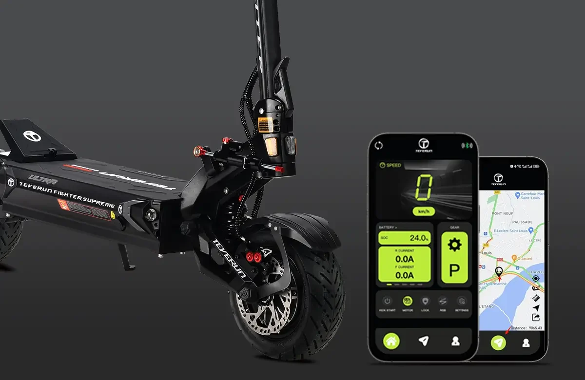 Teverun Fighter Supreme 7260R beside the Teverun app and GPS map on two phones