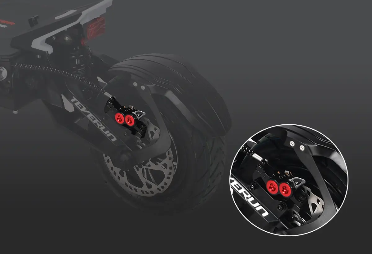 Four-piston hydraulic brake caliper on the Teverun Fighter Eleven+