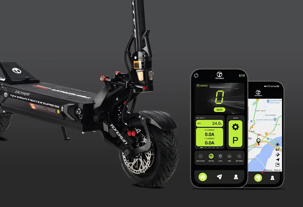 Teverun Fighter Supreme Ultra electric scooter beside the Teverun app and GPS map