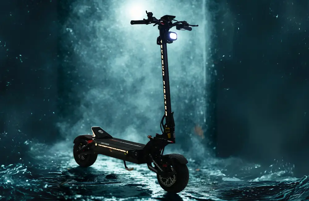 Teverun Fighter Supreme Ultra electric scooter in a misty blue cave with the headlight on