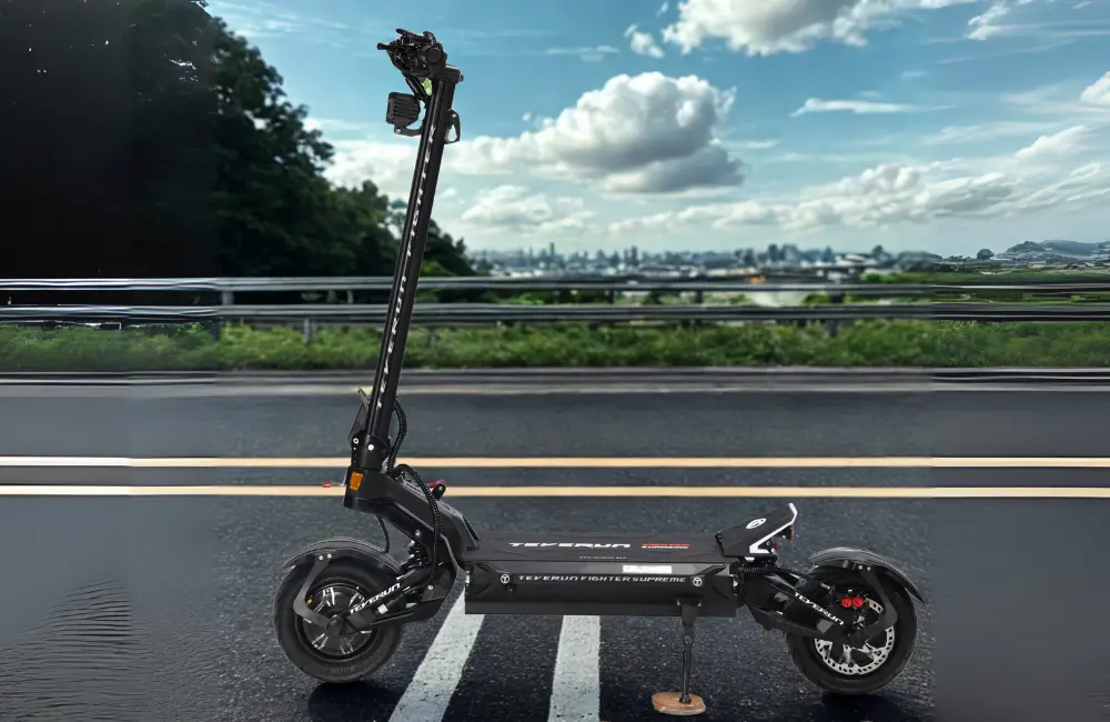 Teverun Fighter Supreme Ultra electric scooter parked on a highway with a city skyline behind