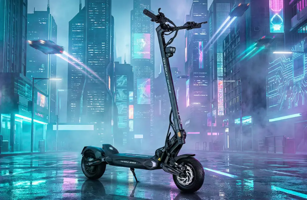 Teverun Space electric scooter in a neon city at night