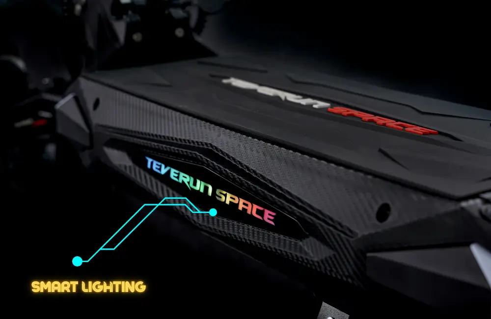 Smart lighting strip on the deck of the Teverun Space electric scooter